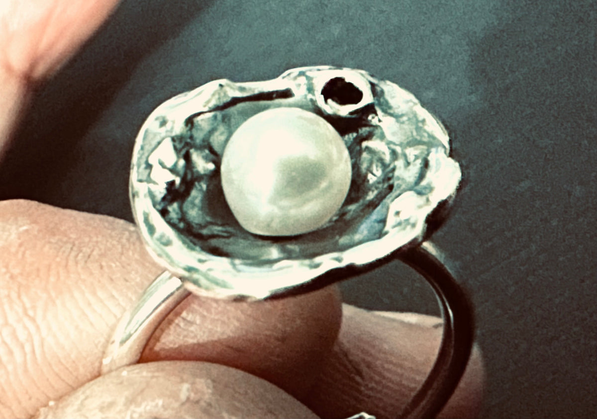 Water-Cast Pearl — Oxidized Sterling Silver Ring