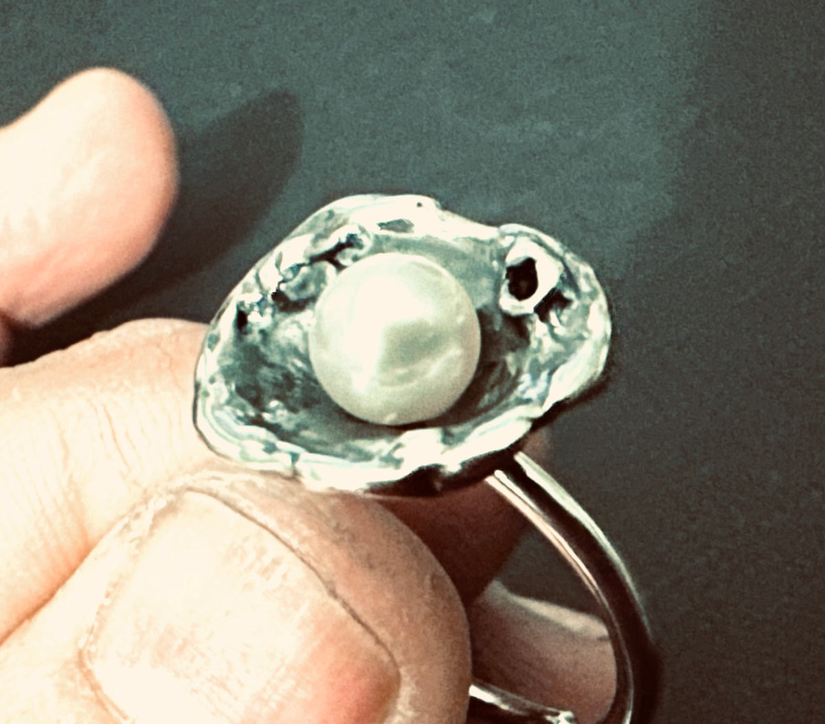 Water-Cast Pearl — Oxidized Sterling Silver Ring