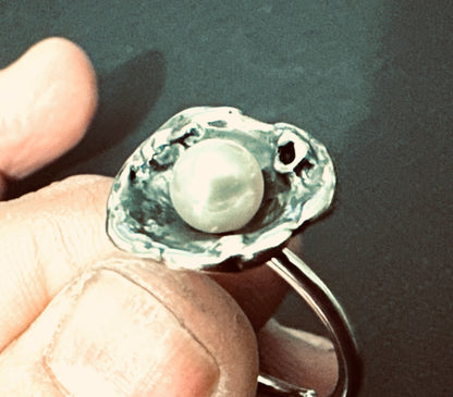 Water-Cast Pearl — Oxidized Sterling Silver Ring