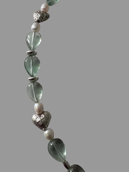 Fluorite & Pearl Heart Necklace - Sterling Silver
