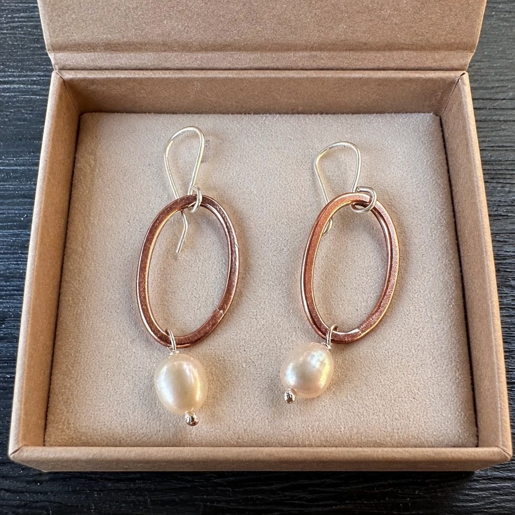 Oval Earrings with Pearls- Copper