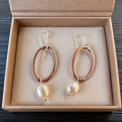 Oval Earrings with Pearls- Copper