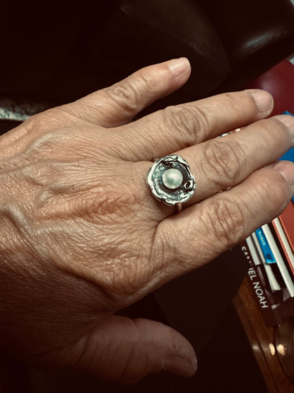 Water-Cast Pearl — Oxidized Sterling Silver Ring