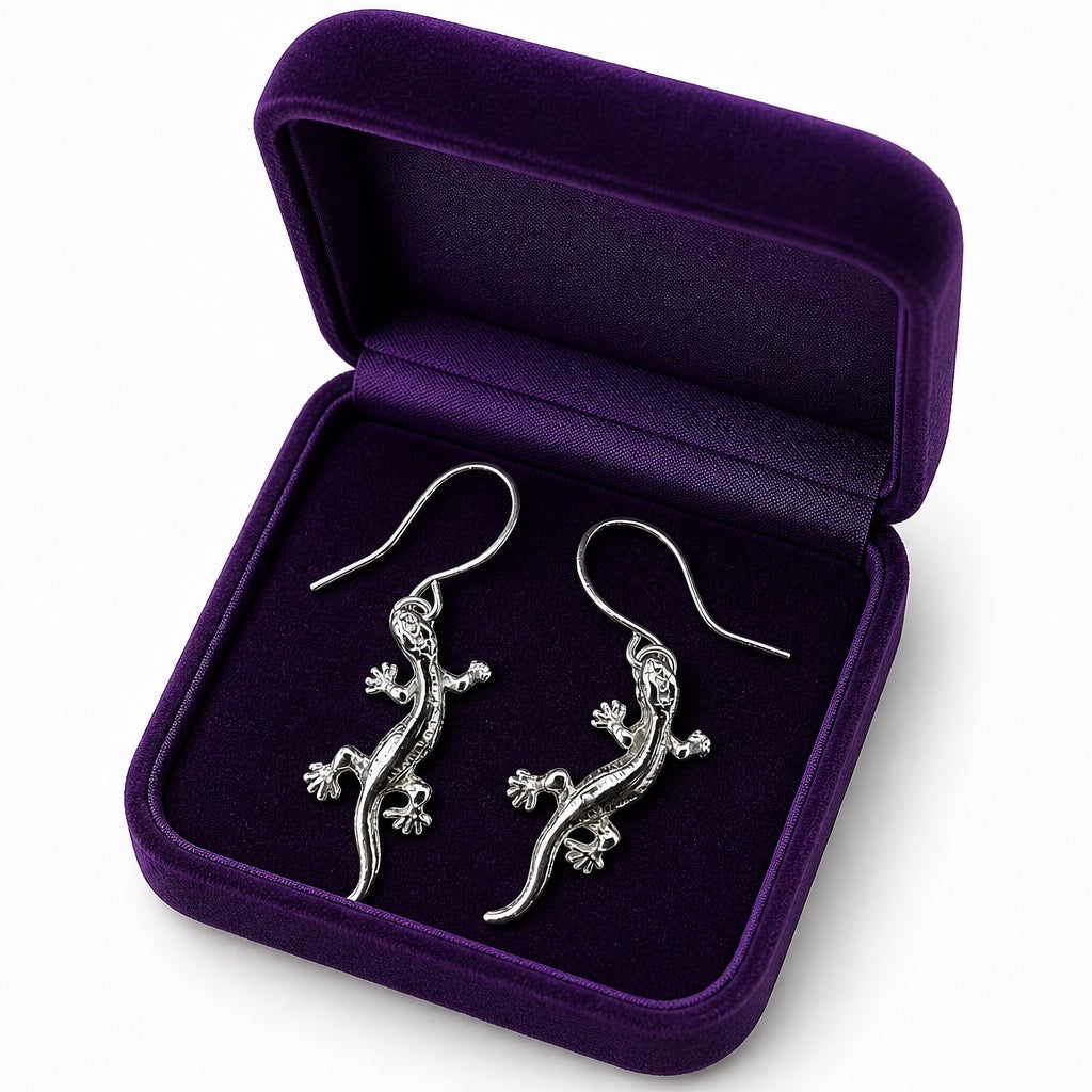 Gecko Lizard Drop Earrings – Sterling Silver