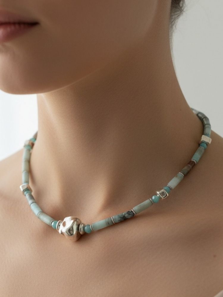 Andean Opal Tube Bead Necklace - Sterling Silver