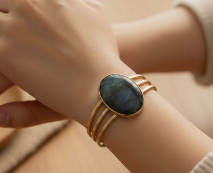 Labradorite Oval Cabochon Cuff Bracelet- Brass