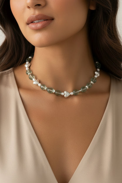 Fluorite & Pearl Heart Necklace - Sterling Silver