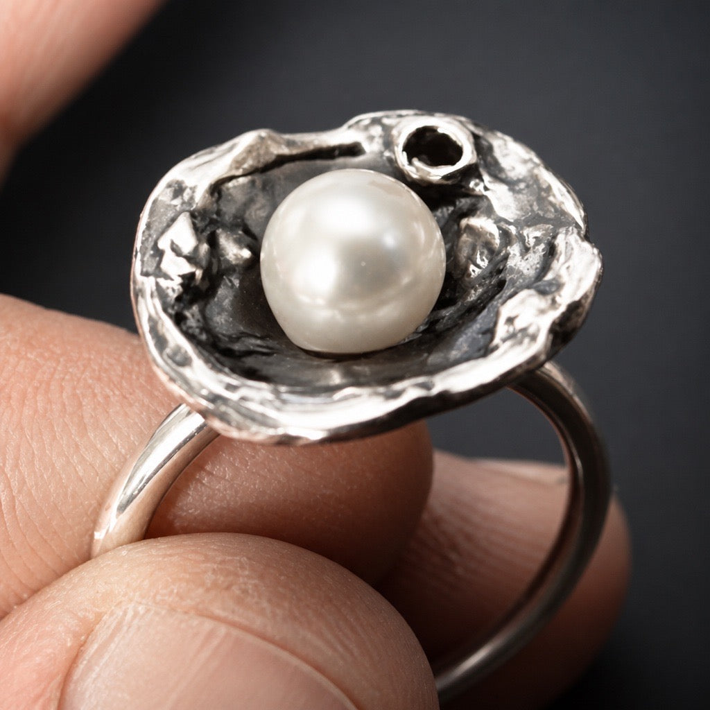 Water-Cast Pearl — Oxidized Sterling Silver Ring