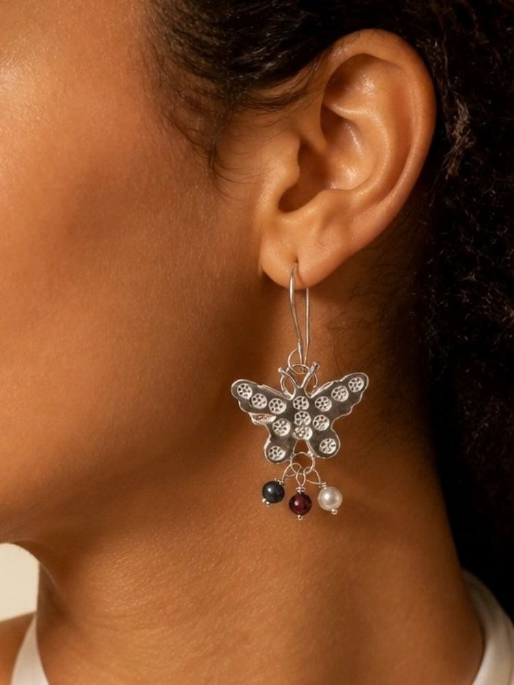 Butterfly Gemstone & Pearl Drop Earrings – Sterling Silver