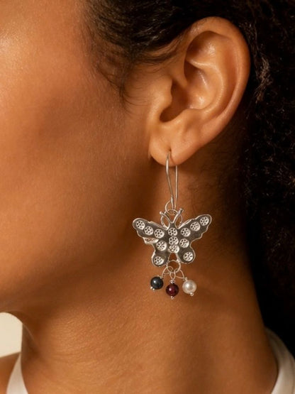 Butterfly Gemstone & Pearl Drop Earrings – Sterling Silver