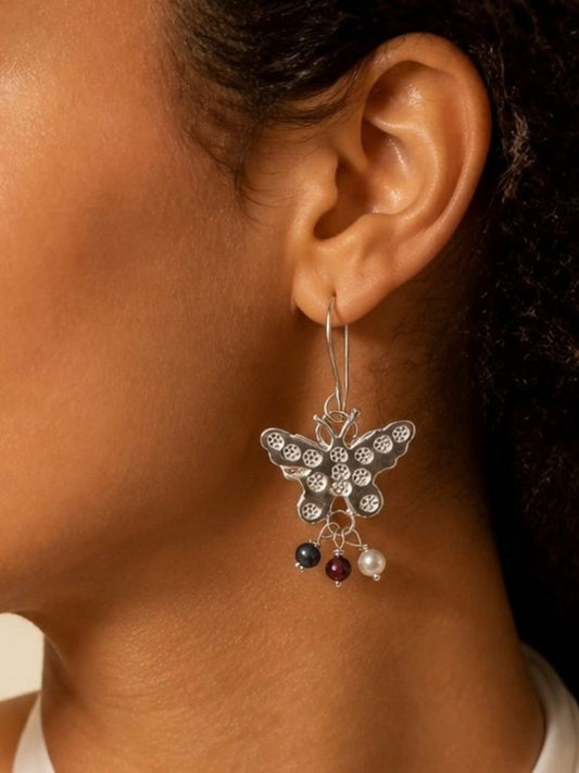 Butterfly Gemstone & Pearl Drop Earrings – Sterling Silver