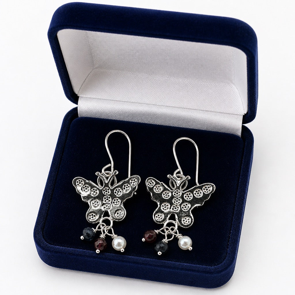 Butterfly Gemstone & Pearl Drop Earrings – Sterling Silver