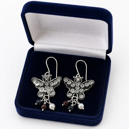 Butterfly Gemstone & Pearl Drop Earrings – Sterling Silver