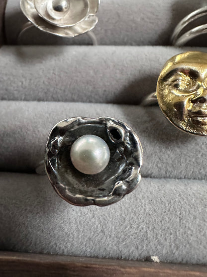 Water-Cast Pearl — Oxidized Sterling Silver Ring
