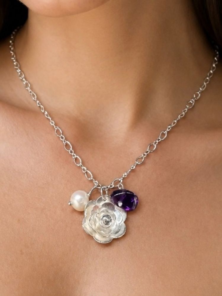 Flower, Freshwater Pearl & Amethyst Pendant – Sterling Silver
