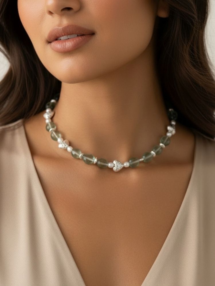 Fluorite & Pearl Heart Necklace - Sterling Silver