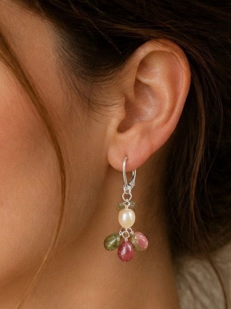 Tourmaline & Pearl Earrings – Sterling Silver – Leverback