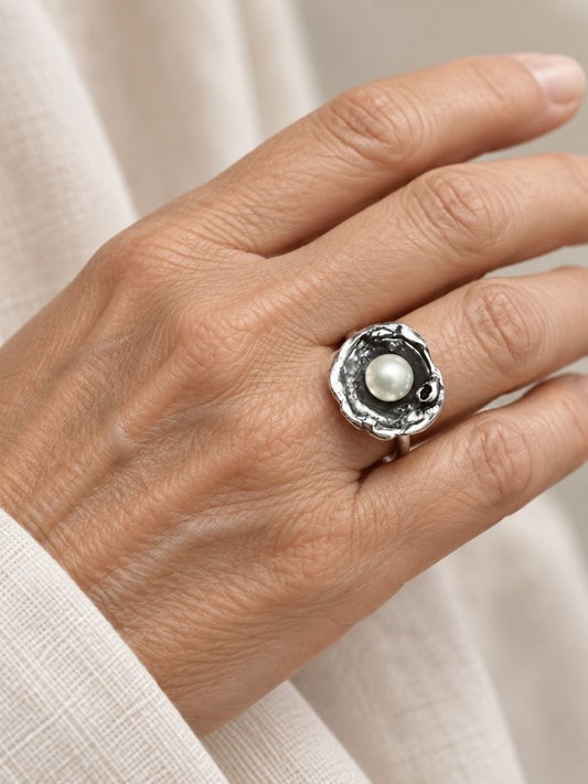 Water-Cast Pearl — Oxidized Sterling Silver Ring