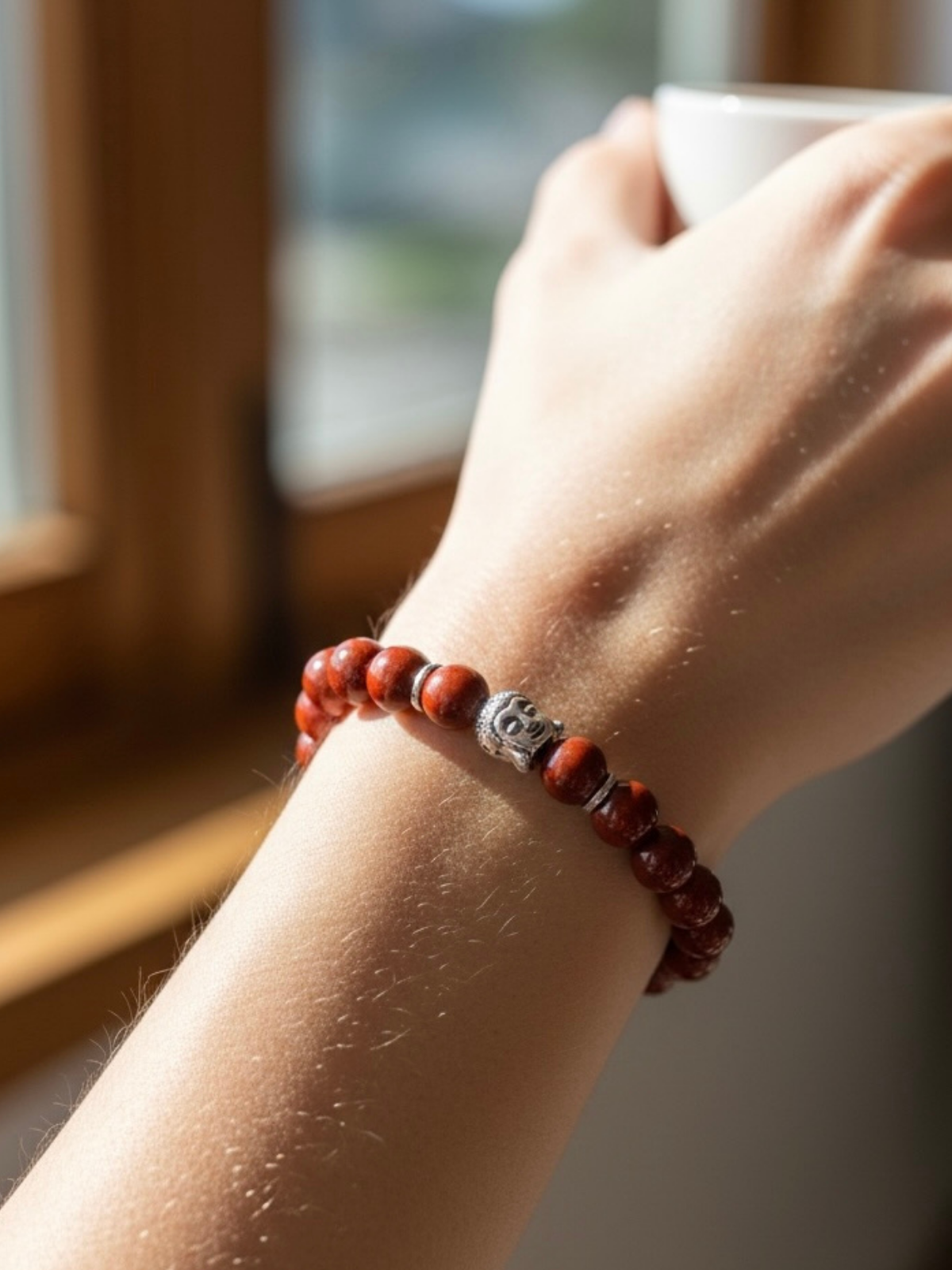 red_jasper_buddha_head_bead_stretch_bracelet_unisex