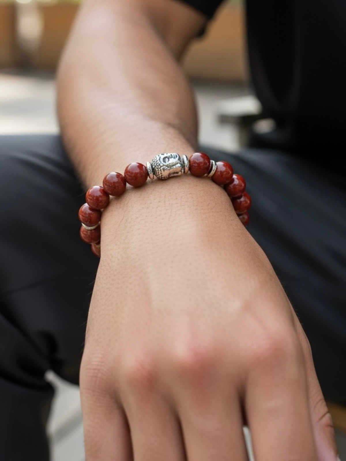 red_jasper_gemstone_buddha_stretch_bracelet_unisex