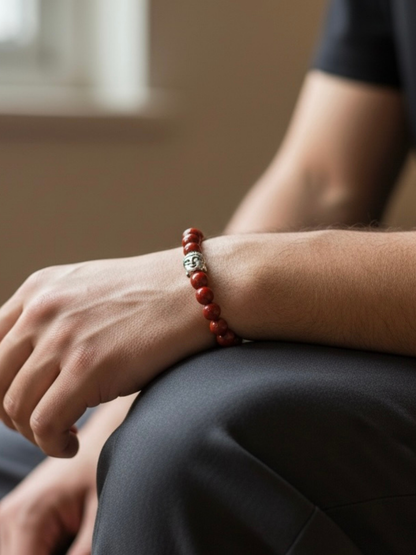 unisex_red_jasper_buddha_bead_bracelet_natural_stone